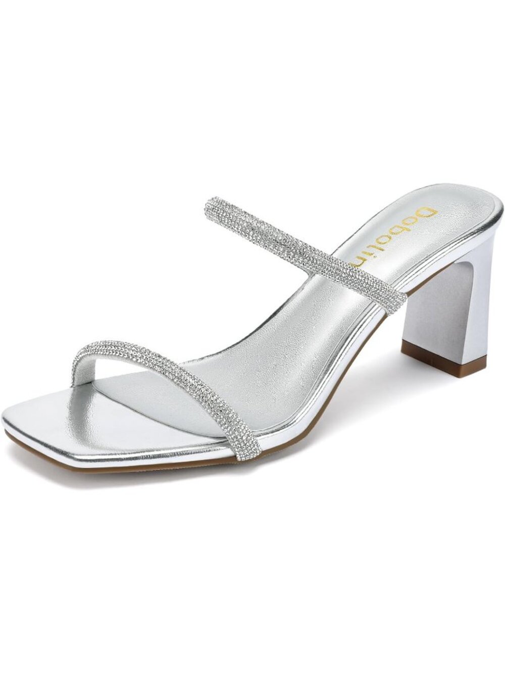 Women's Silver Rhinestone Square Toe Strap Slip On Block Heel Sandals